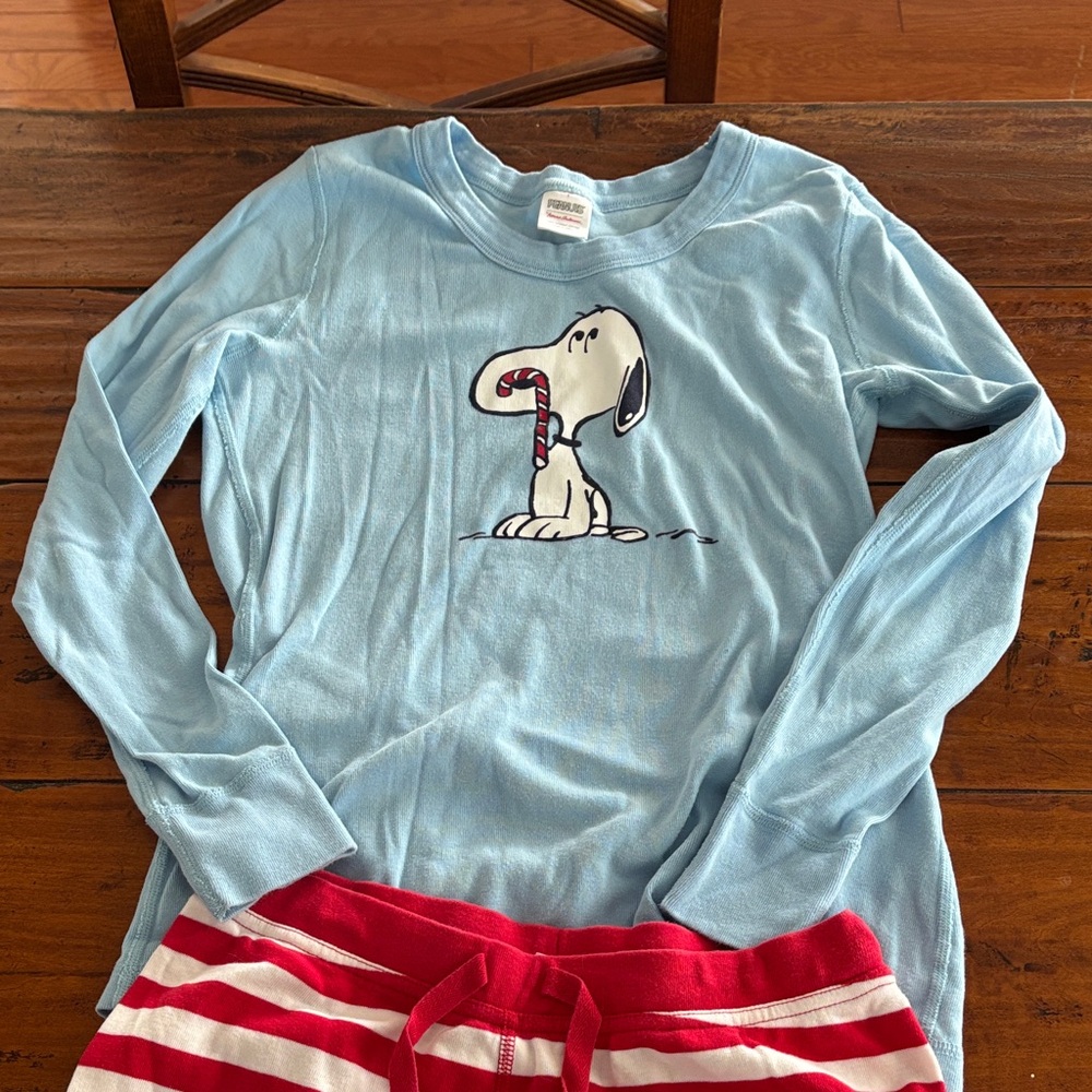 Hanna Andersson Blue Snoopy Pajama Set with Red Striped Bottoms